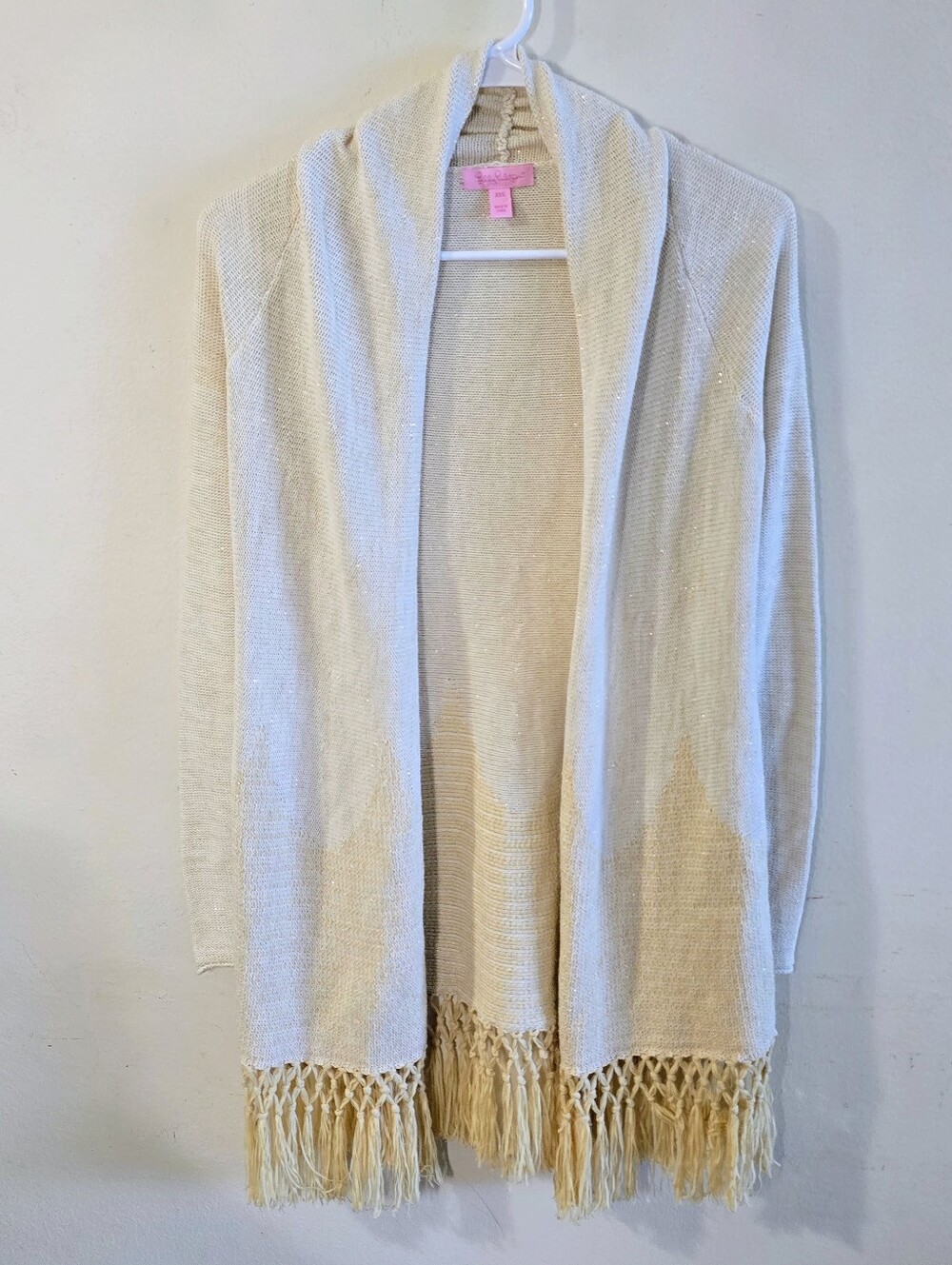 Lilly Pulitzer Fringe Open Front Cardigan Sweater XXS Ivory Metallic Cotton Boho